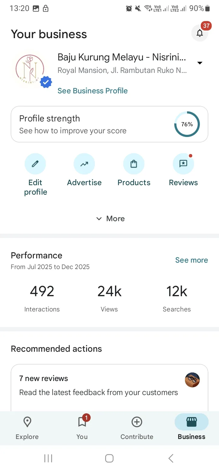 Skrin dashboard Google Business Profile Baju Kurung Melayu Nisrini, 24k views