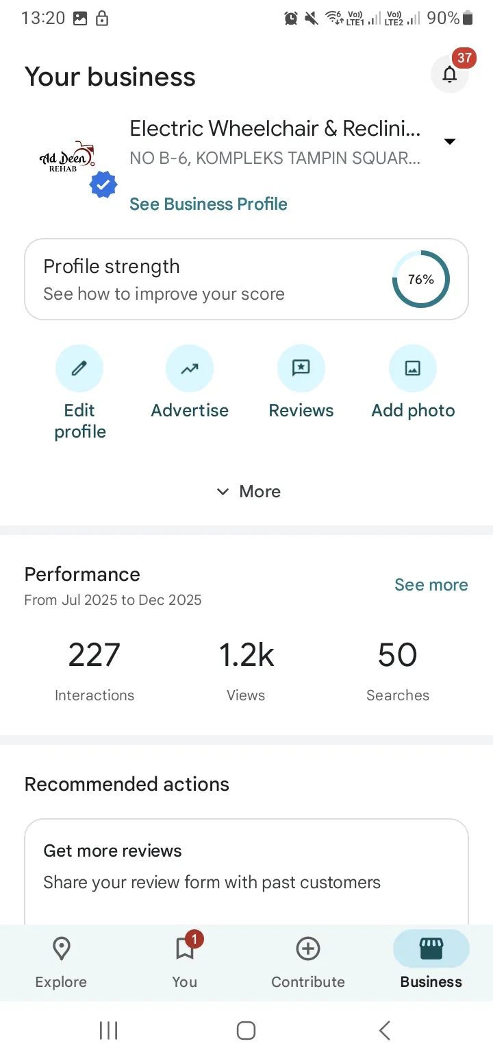 Skrin dashboard Google Business Profile Electric Wheelchair Melaka, 1.2k views