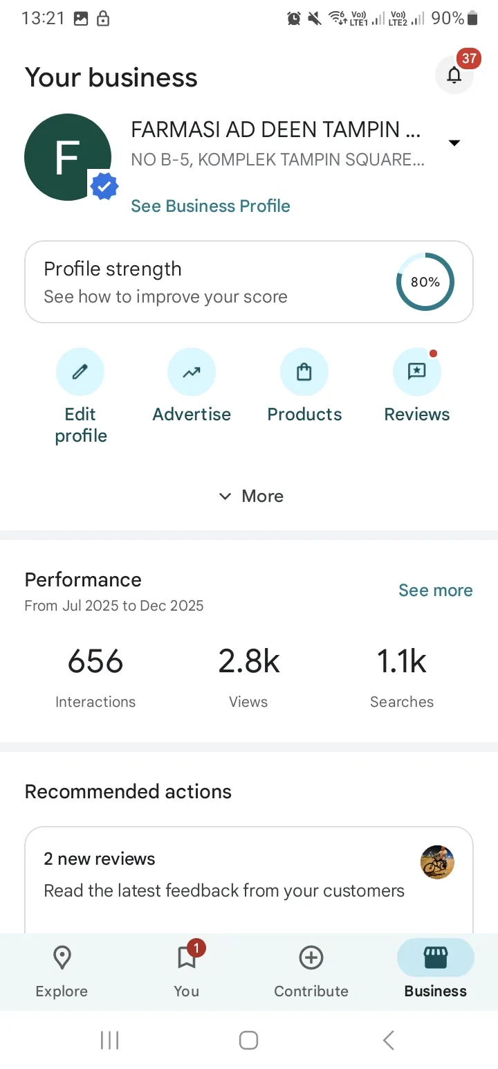 Skrin dashboard Google Business Profile Farmasi Ad Deen Tampin, 2.8k views