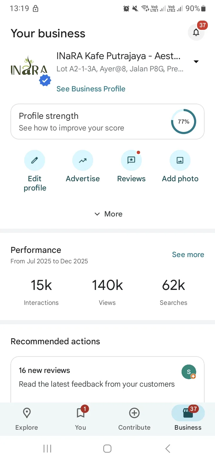 Skrin dashboard Google Business Profile Inara Kafe Putrajaya yang menunjukkan 140k views, 62k searches dan 15k interactions