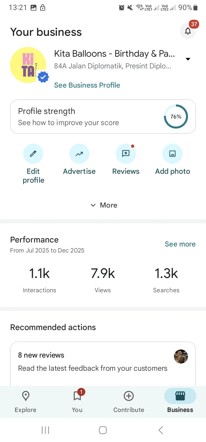 Skrin dashboard Google Business Profile Kita Balloons Putrajaya, 7.9k views