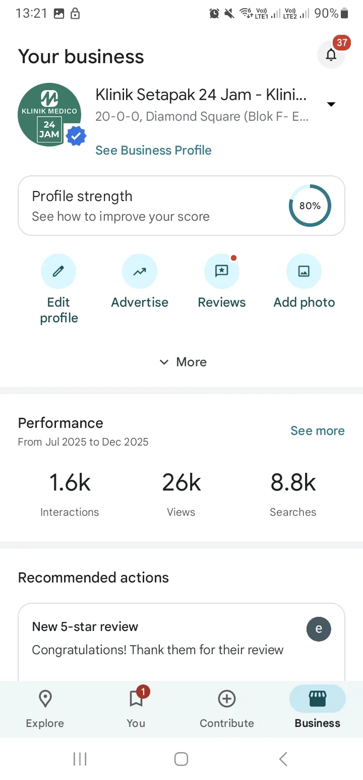 Skrin dashboard Google Business Profile Klinik Setapak Medico, 26k views